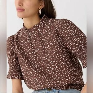 J Crew Brown Cream Smocked Cotton Poplin Puff Sleeve Top S
